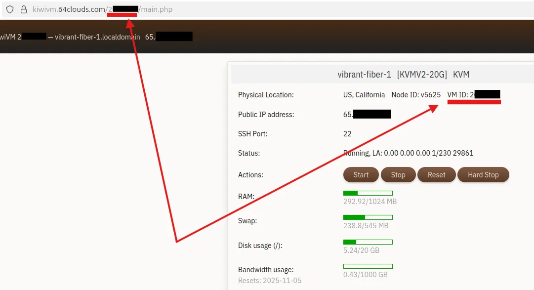 KiwiVM 首页，获取 VPS 的 VM ID