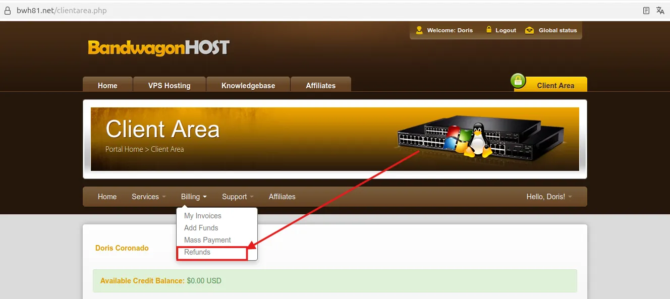 搬瓦工 Billing 退款菜单
