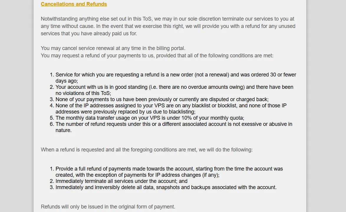 BandwagonHost(搬瓦工)官方退款政策截图