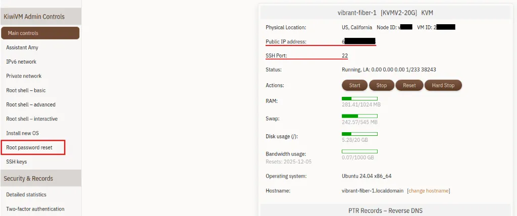 KiwiVM 面板：IP Address、SSH Port