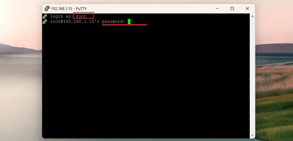 PuTTY 登录界面：输入用户名和密码