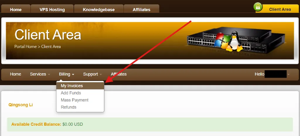 导航栏的 Billing 下拉，My Invoices 菜单