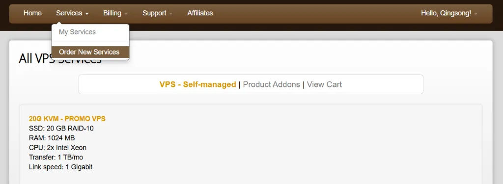 搬瓦工 Order New Services 页面