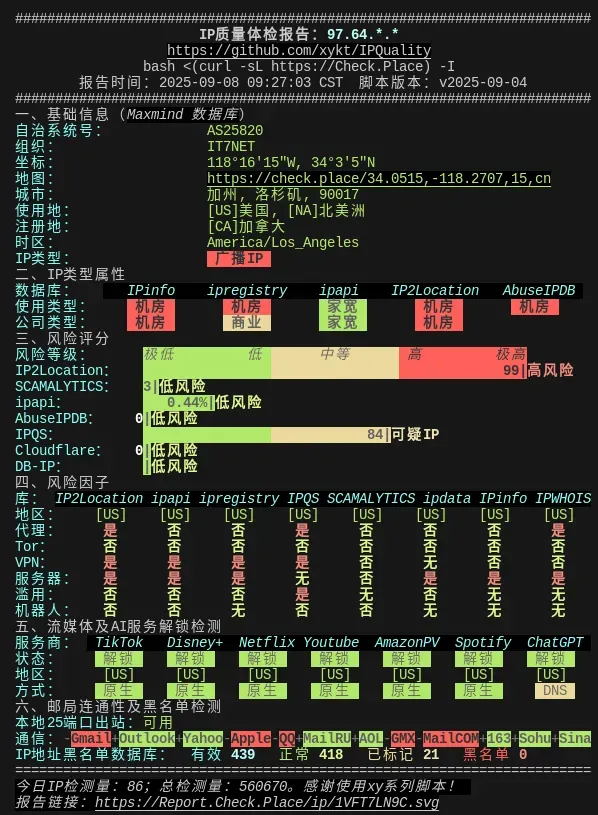 洛杉矶 DC2 机房 IP 质量测试
